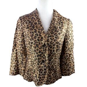 Peck & Peck Linen Leopard Blazer Jacket Size Petite 8 Shiny Gathered Back Party